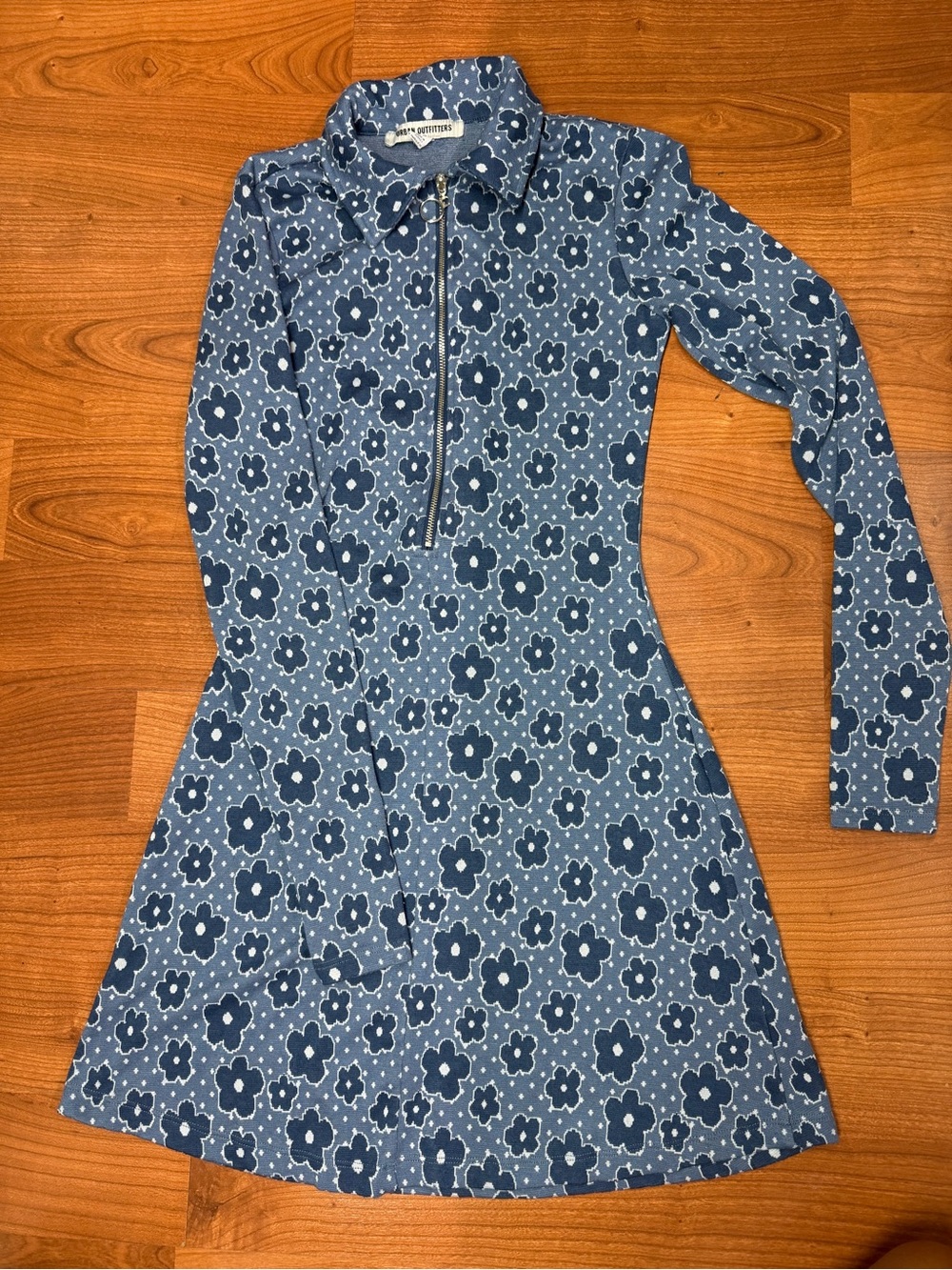 Urban Outfitters Blue Floral Zip-Front Long Sleeve Dress
